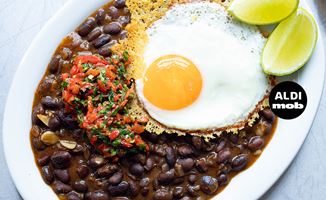 Crispy Parmesan Eggs with Black Beans & Tortillas