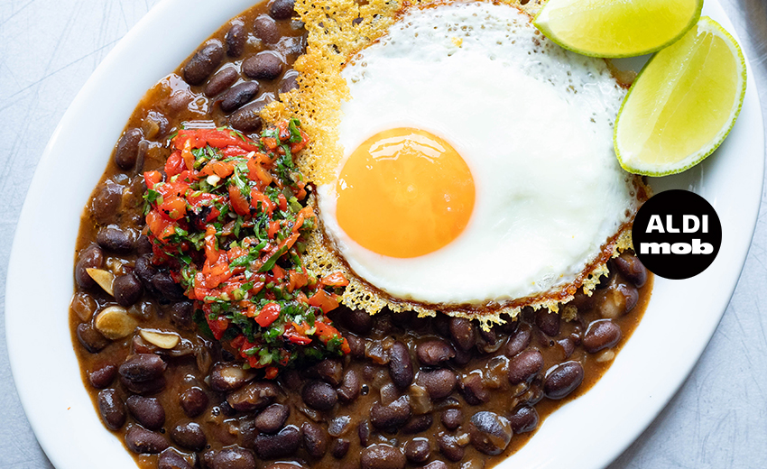 Crispy Parmesan Eggs with Black Beans & Tortillas