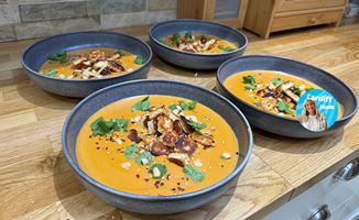 Peanut and Sweet Potato Soup with Seasame Halloumi